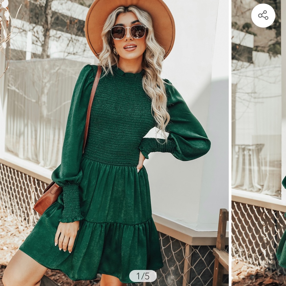 Green Cupshe. Fall Harvest Smocked Long Sleeves Minidress.